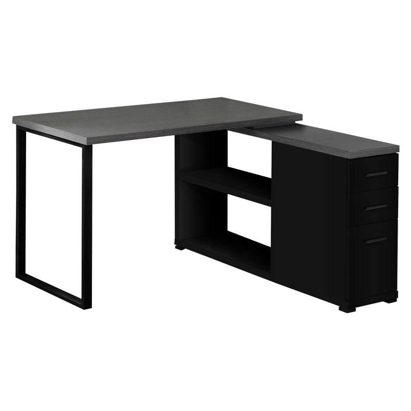 Bureau moderne en L pour bureau personnel, stratifié noir et gris, 3 tiroirs de rangement, espace de travail efficace en forme de bureau, tablette réglable, fonctionnel