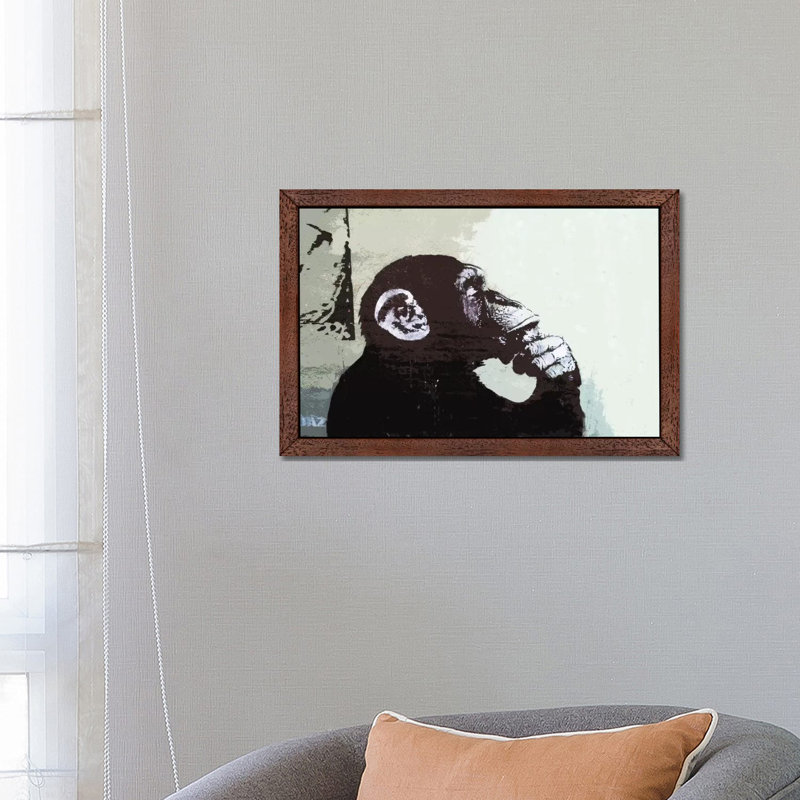 The Thinker Monkey by Banksy - Print on Canvas, 66.04 cm H x 45.72 cm W, Brown Framed