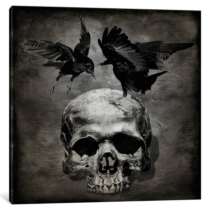 «Skull with Crows», impression sur toile, H 48 po x l 48 po x P 1,5 po, Toile tendue, Pas de tapis
