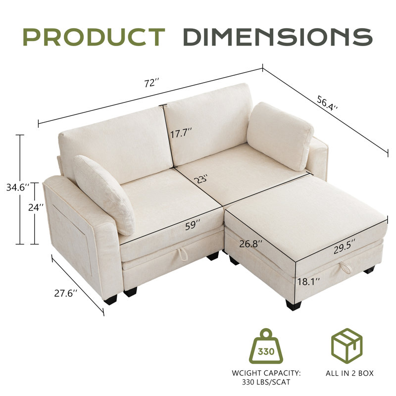 Canapé modulaire de 72 po avec rangement, canapé modulaire en L convertible en L pour canapé-lit profond en chenille confortable avec méridienne