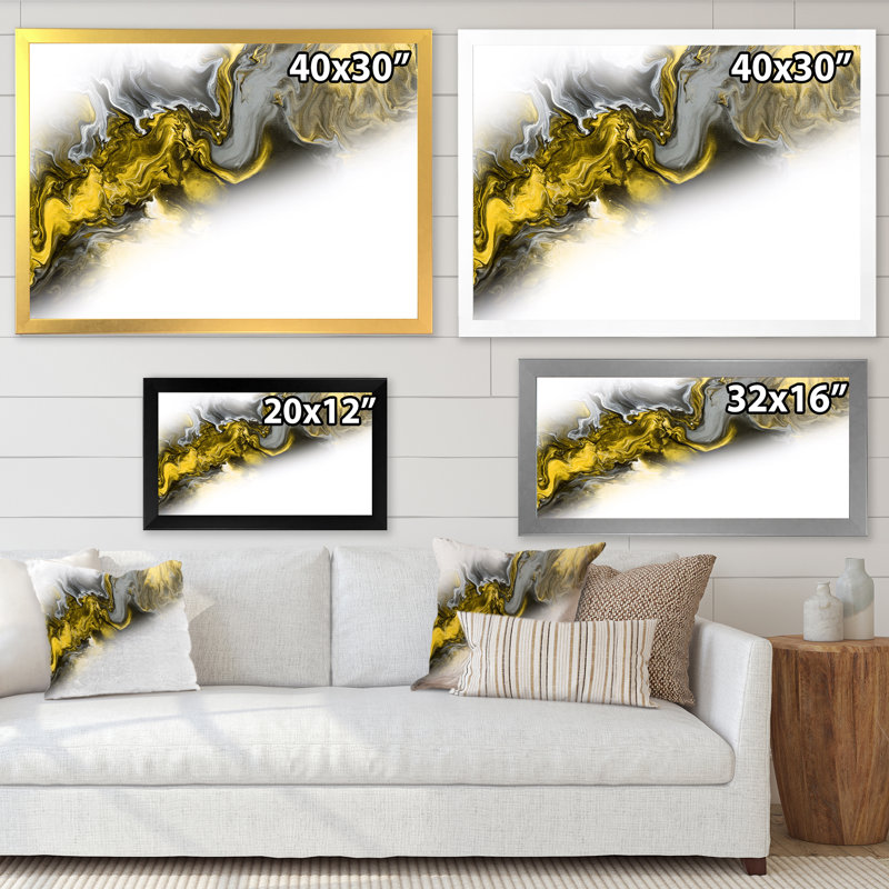 Vague de marbre jaune et gris sur blanc - peinture sur toile, H 16 po x l 32 po, Cadre photo argenté