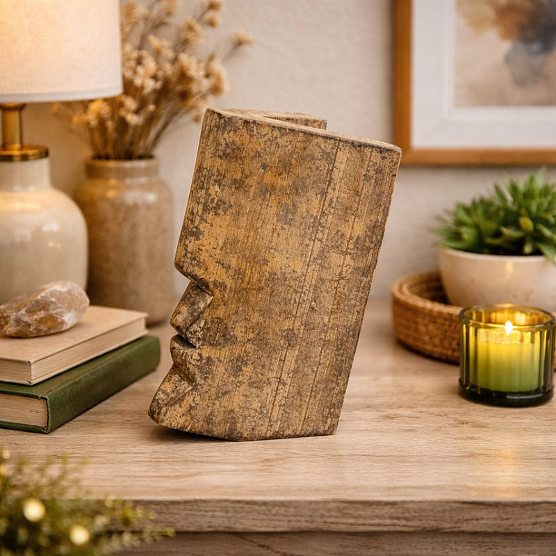 Figurines & Sculptures | Wooden Face Decor Object, 8" H x 4" W x 5" D