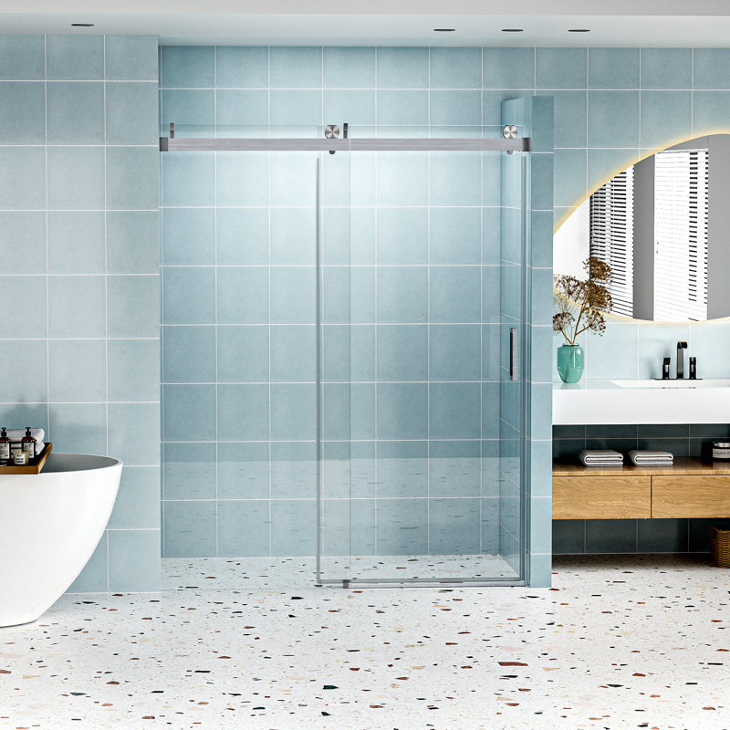 Porte de douche sans cadre à fermeture en douceur, verre trempé de 1/4 po (6 mm) avec revêtement antidéflagrant