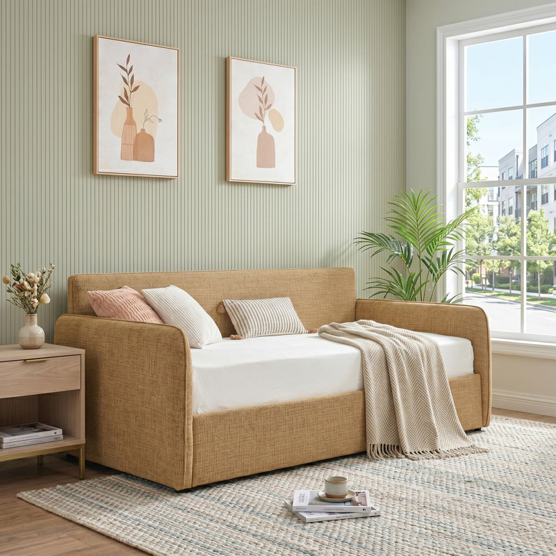 Modern Linen Daybed With Pneumatic Lift-Up Storage, No Box Spring Needed, Yellow, Yellow