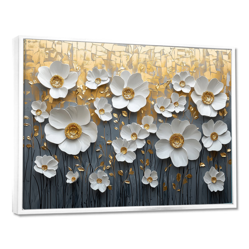 Mudasar, fleurs blanches et dorées, fleurs sauvages V - Art mural fleurs sauvages, H 12 po x l 20 po, Cadre flottant, Blanc