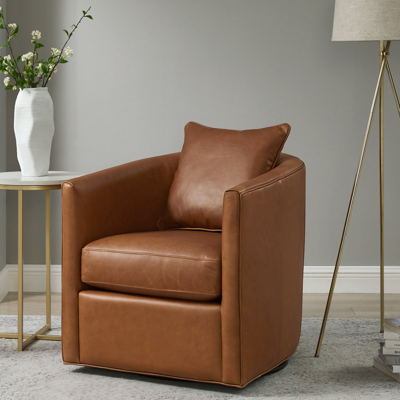 Kristo Brown Top Grain Leather Barrel Style Swivel Accent Chair