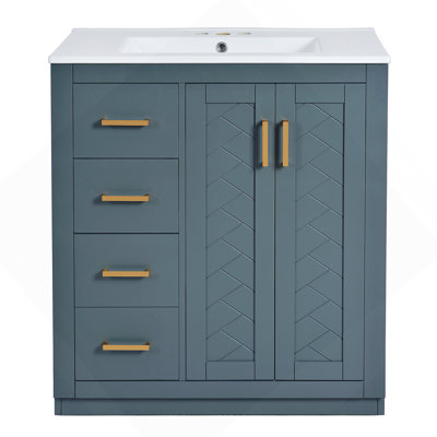 Ensemble de meuble-lavabo 30 po avec lavabo en céramique, armoire de rangement en bois massif, ensemble de meuble-lavabo autoportant avec 3 tiroirs et portes à fermeture douce