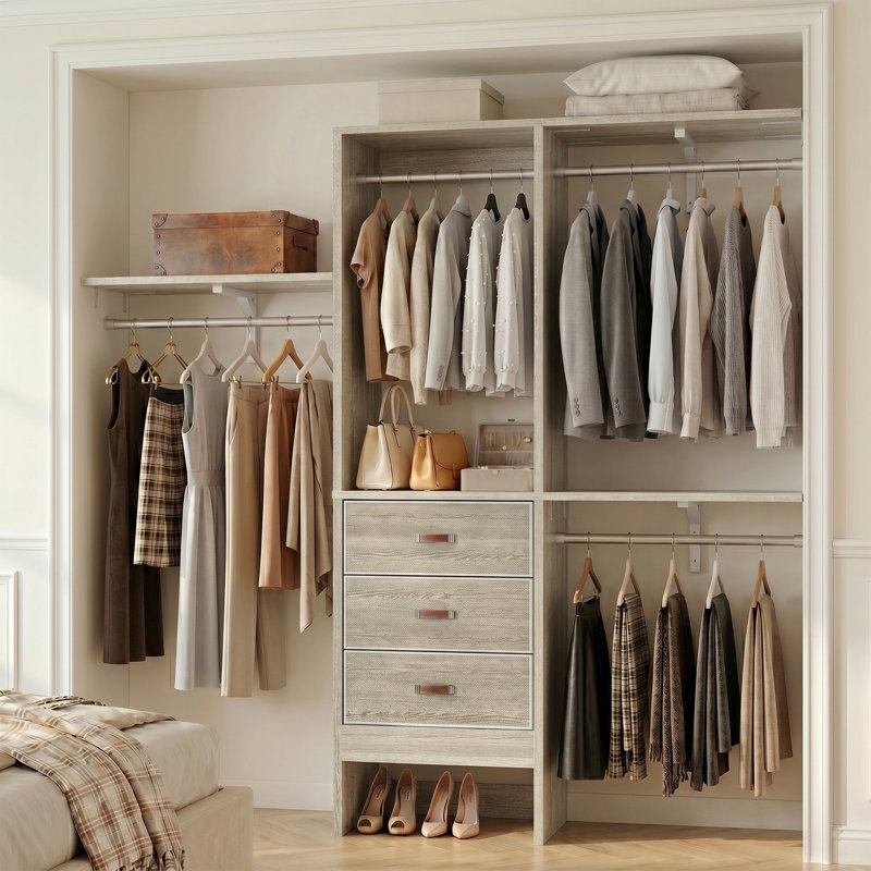 Nakada 19'' - 59" W Closet System with Drawers and Hanging Rods(cut To Fit), Wood