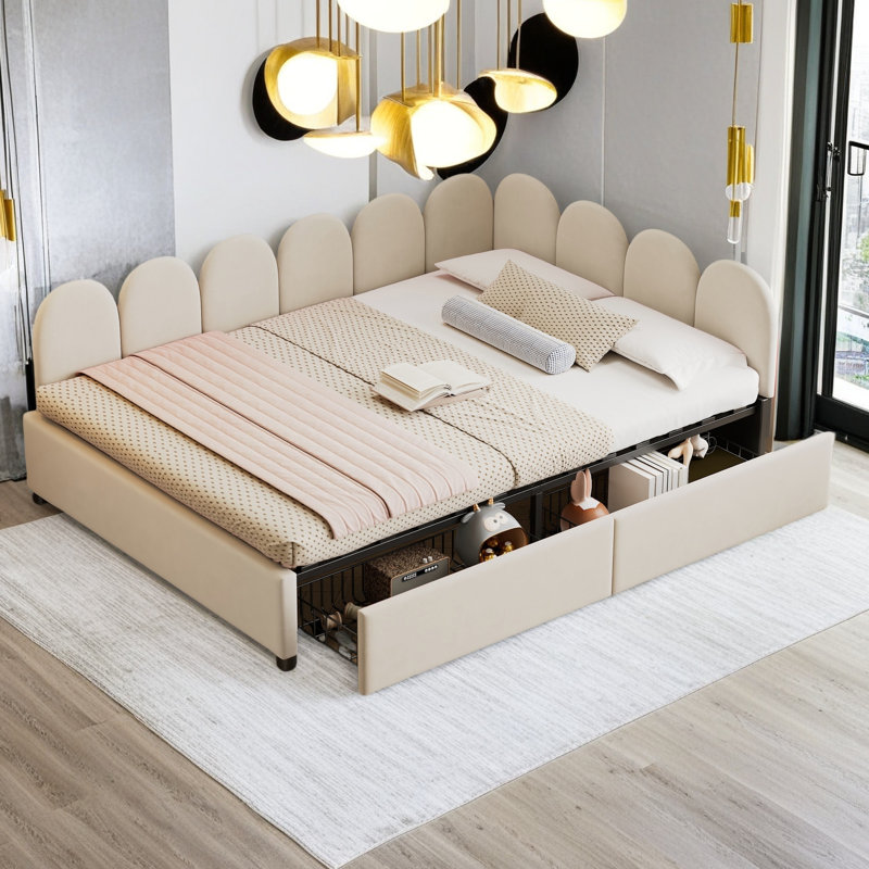 Lit de jour rembourré avec 2 tiroirs, Beige, Complet/Double