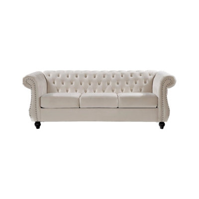Chesterfield 3-Seater Crushed Velvet Sofa with Button Tufted Back, Rolled Arms, and Bolster Pillow in Ivory
