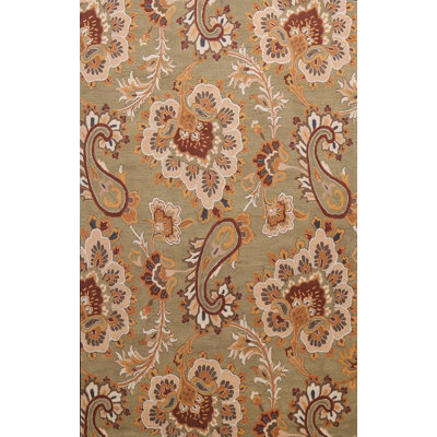 Tapis vert / beige en laine touffetée à la main à motif cachemire Hammd