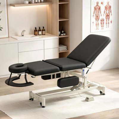 Black Electric Lift Massage Table with Hydraulic Angle and Foldable Armrests - Adjustable Face Cradle with Arm Support, Lockable Wheels, Hand Remote & Foot Pedal