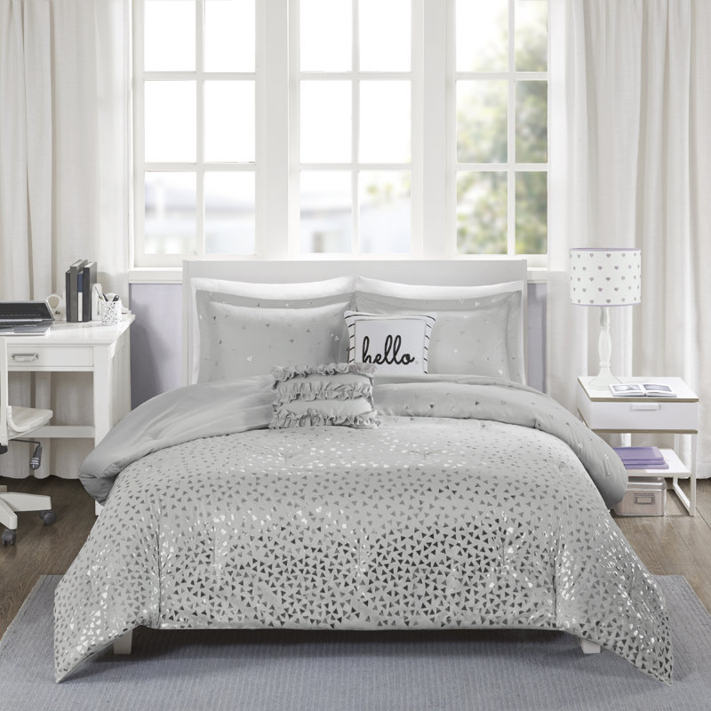 Ensemble d'édredon à imprimé triangulaire métallique , Gris / argenté, Édredon pour lit double / grand + 2 taies décora