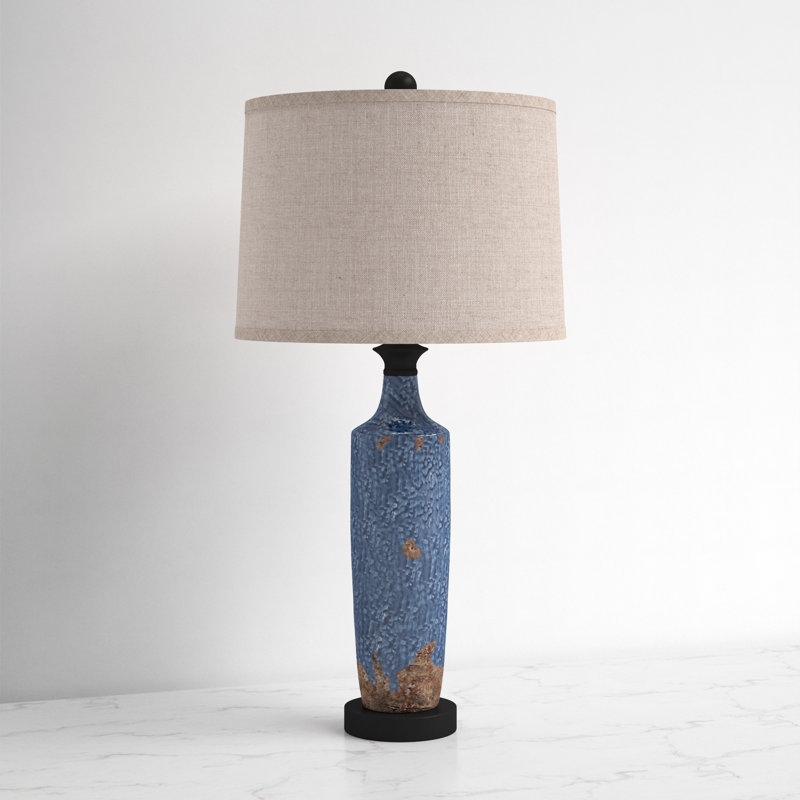 Tall Blue Textured Ceramic Table Lamp with Khaki Linen Shade