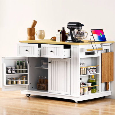 Drop-Leaf + Crushed-Diamond Edge, Built-In 3-AC/2-USB Power, 2 Barn-Door Cabinets w/ Adjustable Shelves, Bamboo Spice Racks, 5 Hidden Wheels, 440 lb Top