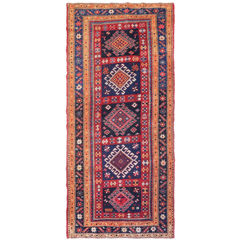 Tapis de couloir bleu antique antique en laine de conception unique 4 pi 4 po x 8 pi 11 po années 1920