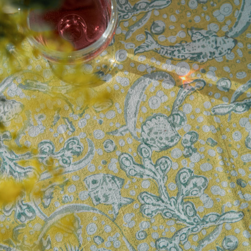 La Mer Handmade Floral Tablecloth, 90" Square, Yellow/Teal