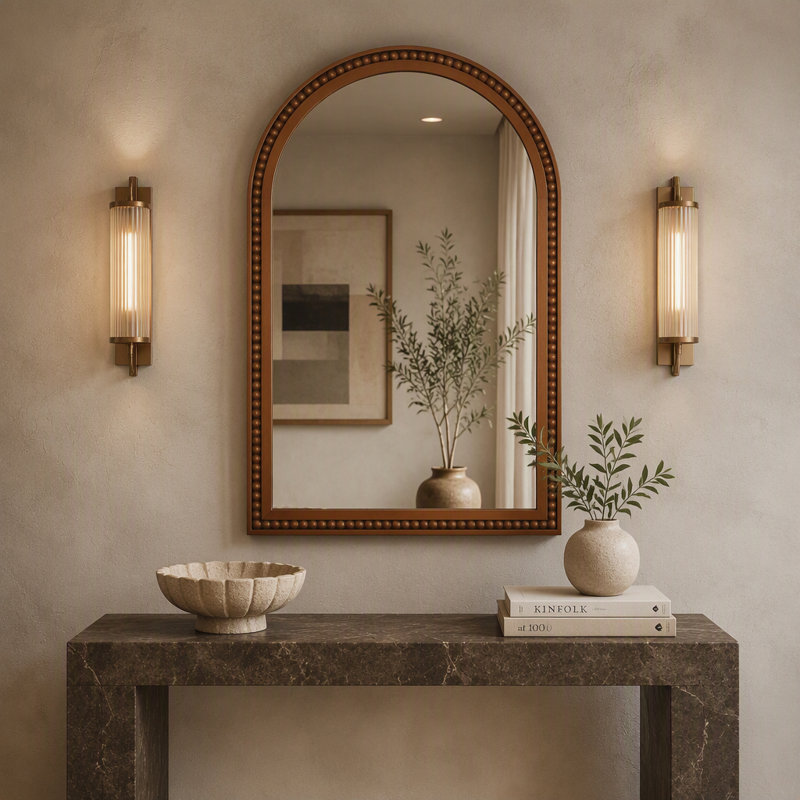 Miroir mural arqué 20×30 pouces avec cadre en bois massif orné de perles, Noyer foncé