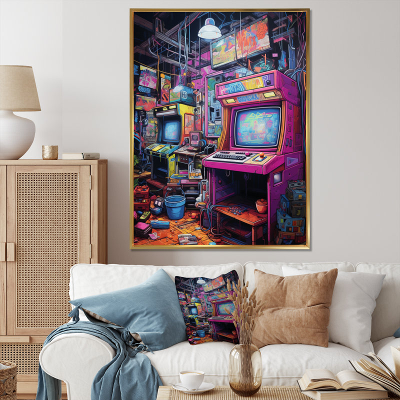 Jeu vidéo mauve bleu rétro, 44" H x 34" W, Cadre flottant doré