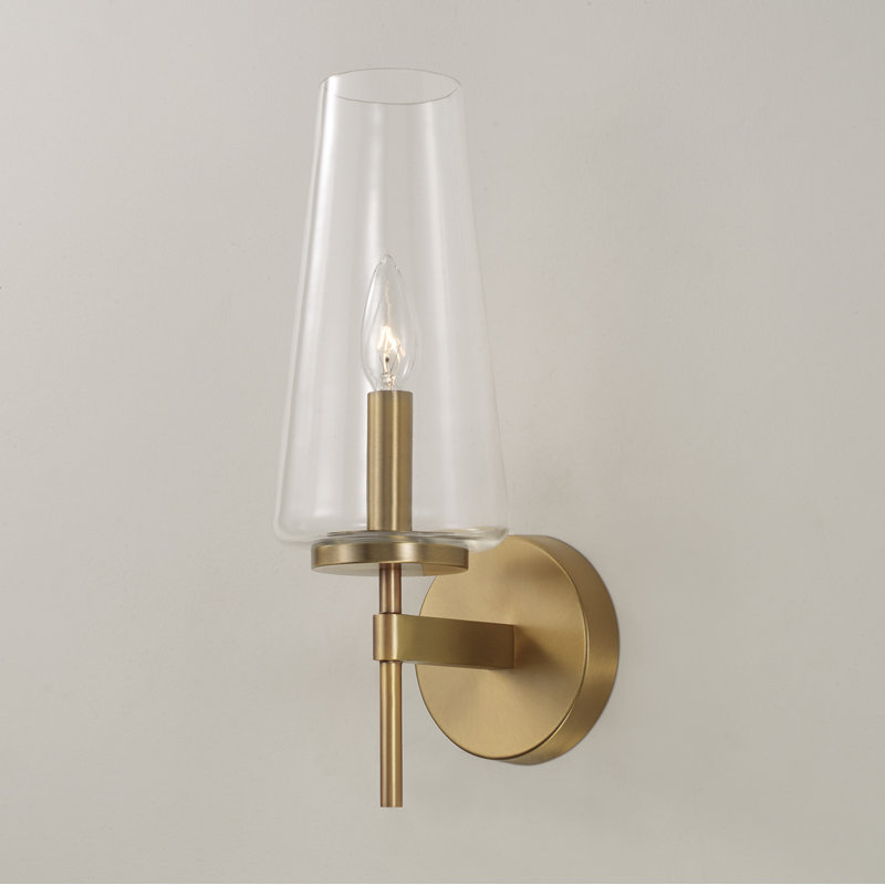 Applique murale en laiton vieilli avec verre transparent l 5 po x H 15,75 po, Laiton vieilli
