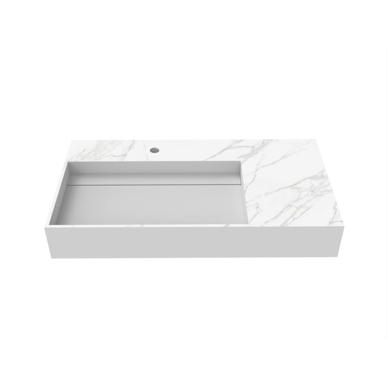 Juniper 36" Rectangular Wall Mounted Bathroom Sink with Left Basin and Counter Space - Marble White, With Faucet Hole, Single