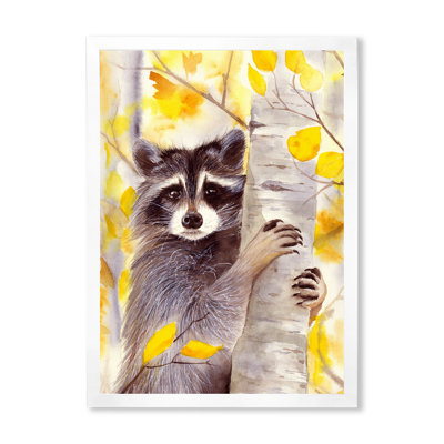 «A Cute Racoon on a Birch Tree with Autumn Yellow I», peinture sur toile