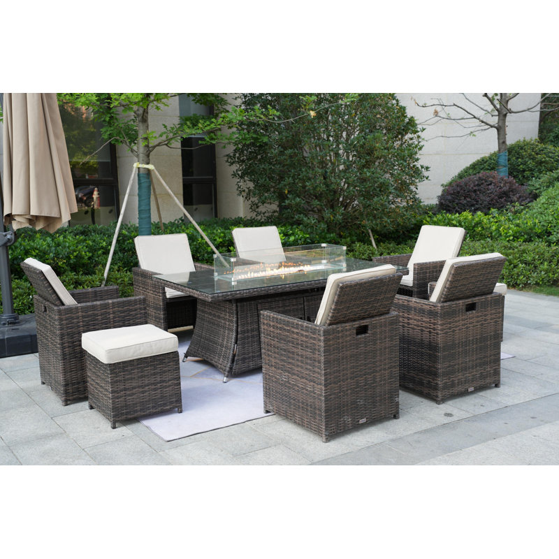 8 - Person Wicker Patio Dining Set with Rectangular Table , Cushions Included