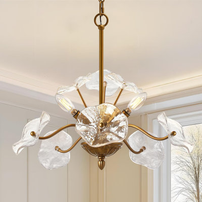 Modern Gold Chandelier,Vintage Brass Flower Glass Pendant Light Fixture