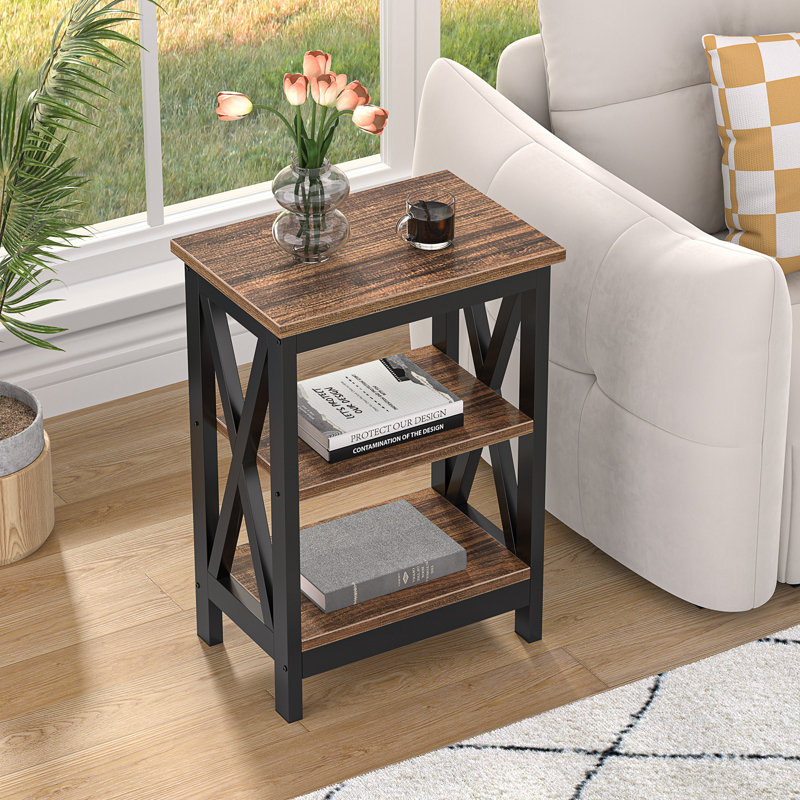 Rustic End Table with Open Shelves – Farmhouse Side Table for Living Room or Bedroom, Durable Wood & Metal Accent Table for Small Spaces