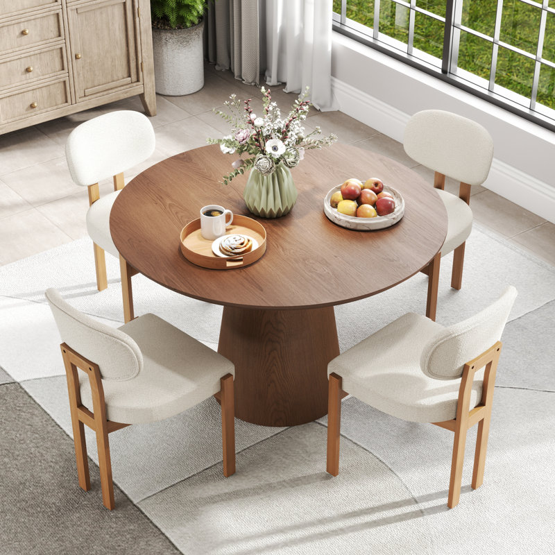 Mid Century Wooden Round Pedestal Dining Table Sets, Beige, Wood, 5 Pieces: Table, 4 Chairs