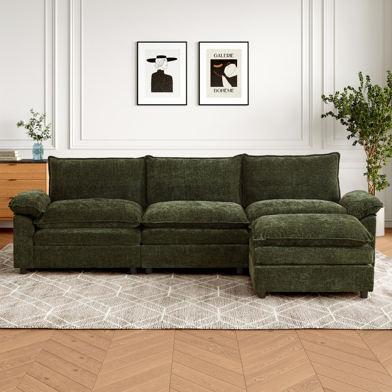 113.58" Chenille Upholstered Sofa, Comfy Cloud Couch with Ottoman, Green