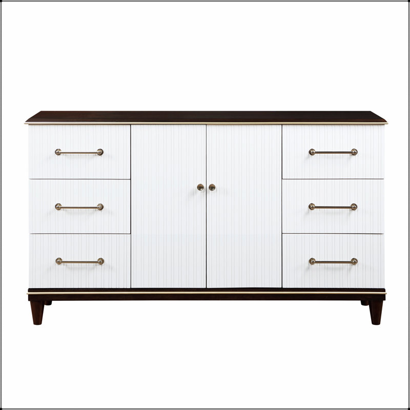 Commode contemporaine à 6 tiroirs avec finition blanche et cerisier avec 2 tablettes, garniture dorée et fabrication durable pour les chambres modernes