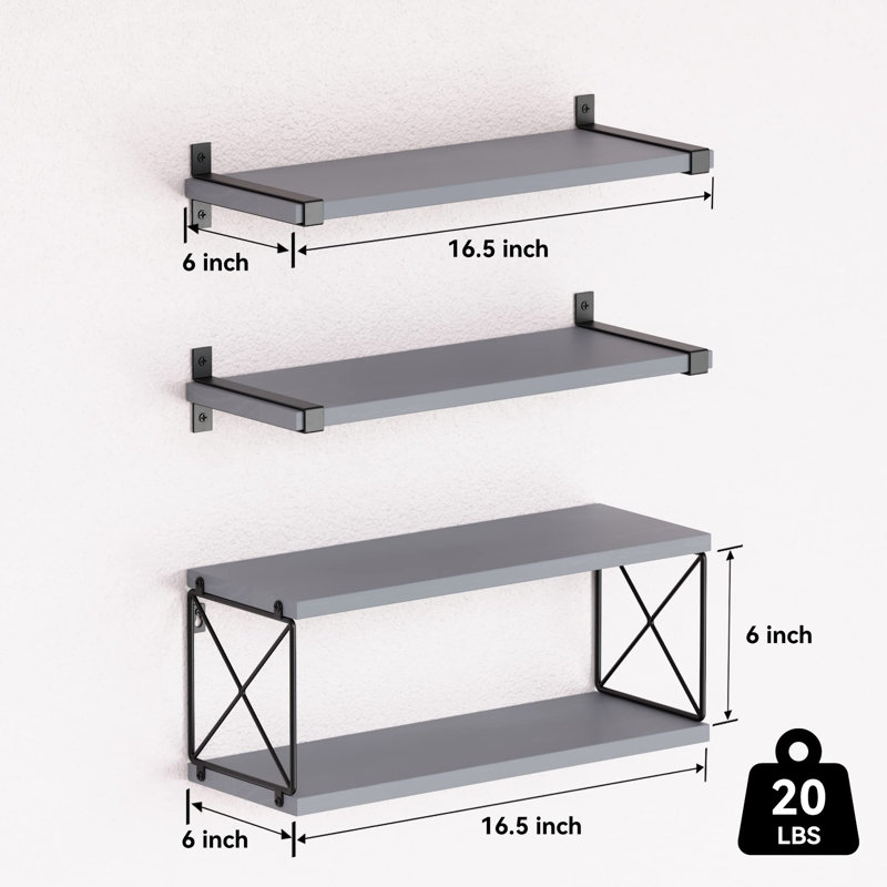 3 Piece Pine Floating Shelf, Gray
