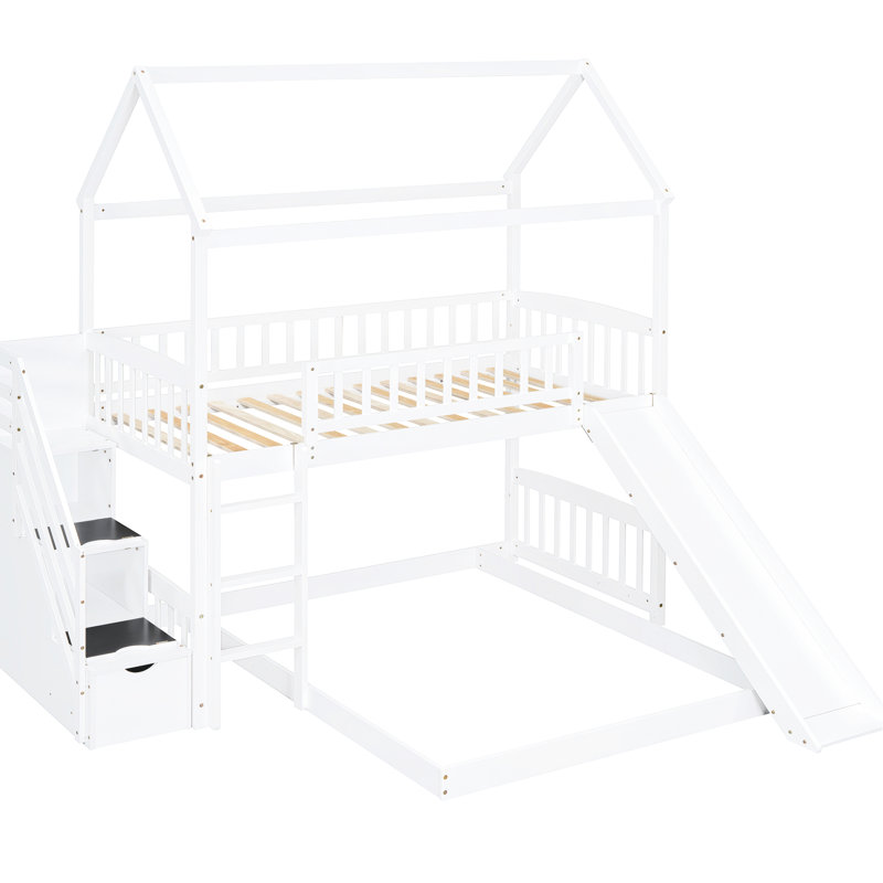 Lit simple au-dessus d'un lit superposé blanc avec glissade - nombreuses options de rangement, dispositif de divertissement stable,