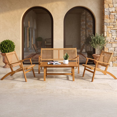 Furniture Ensemble de meubles de patio 4 pièces Weyra - Ensemble de 2 meubles d'extérieur en bois d'eucalyptus résistant aux intempéries avec causeuse, table de patio et chaises (naturel)