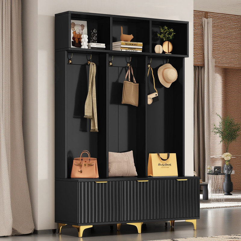75.4" H Hall Tree with Open Storage, 3-in-1 Hall Tree with Bench, Black