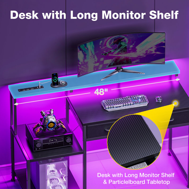 Computer Desk With Recessed Power Outlet And 2-tier Fabric Drawers,gaming Desk With Led Lights, Office Desk With Printer Storage Shelves, Reversible Desk With Monitor Shelf
