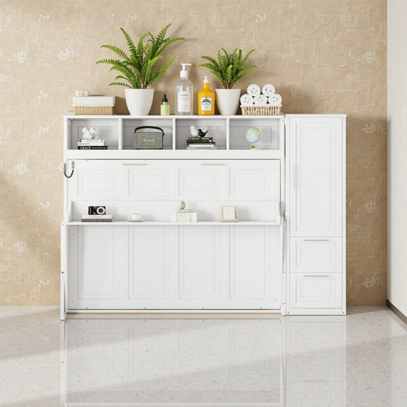 Lit escamotable double pleine grandeur avec placard et tiroirs | Conception d'armoire peu encombrante | Blanc ou gris
