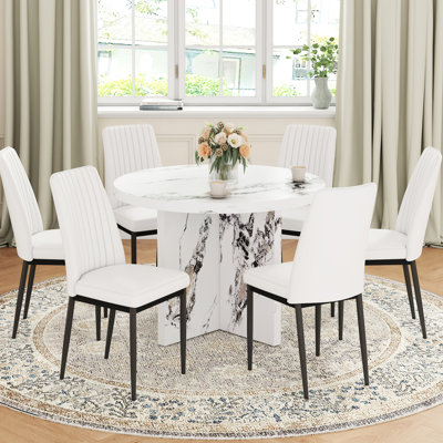 Table de salle à manger ronde moderne de 42 pouces avec 6 chaises - et en métal pour le salon Facile à assembler 7 42 po et rembourrée à assembler