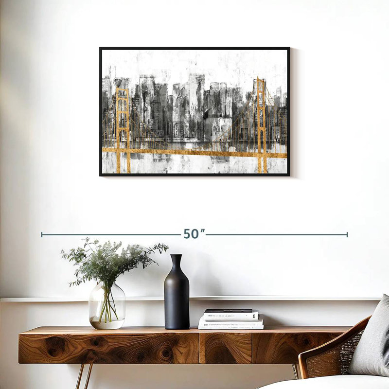 Golden Bridge Panorama, Cadre flottant noir, 31 po x 21 po