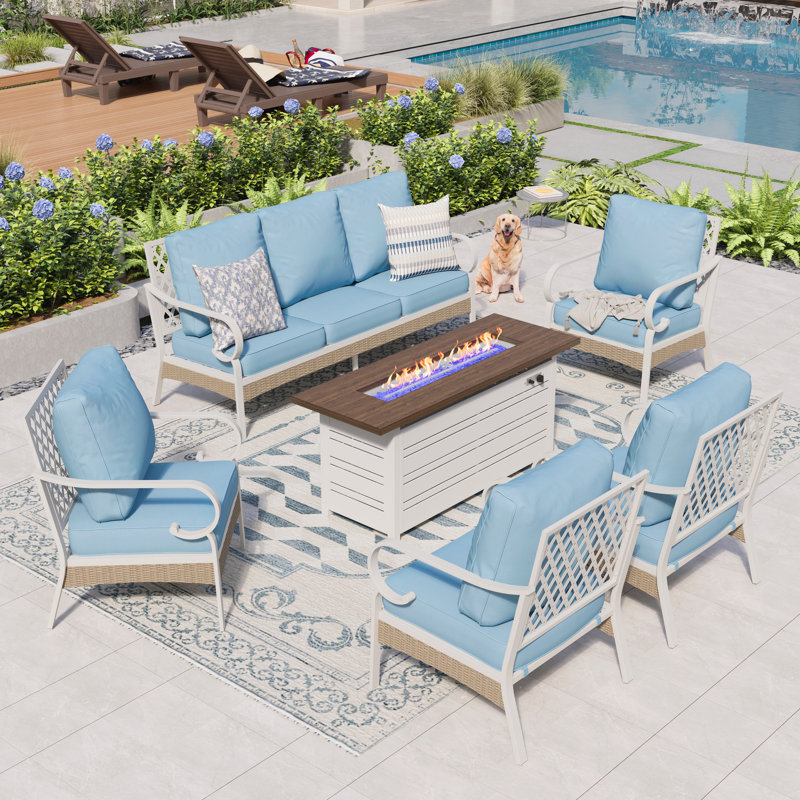 7 - Person Outdoor Furniture Sets With Thick Cushions, Blue Cushion/Black Frame