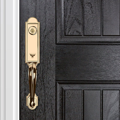 Avendale Handleset with Single Cylinder Deadbolt and Alcott Door Knob and Traditional Round Rosette
