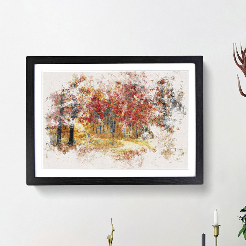 Path Through the Forest at Autumn - Picture Frame Painting Print, 33cm H x 45cm W x 2cm D, Black Framed