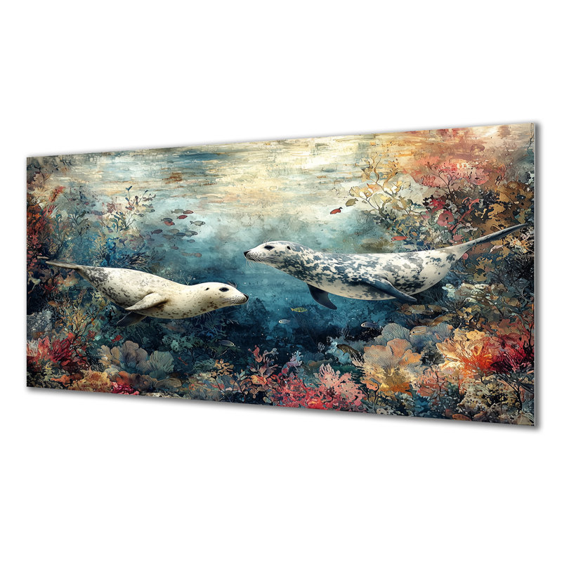 Jouant des phoques dans un paysage de corail II - phoque, décoration murale en métal, reproduction d'art moderne en métal