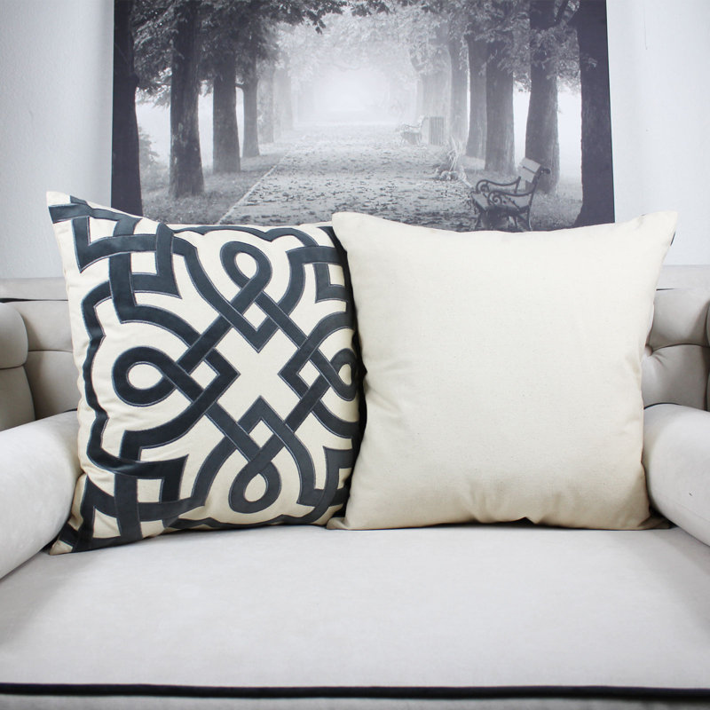  Outdoor Square Cotton Pillow Cover & Insert, Black/Ivory