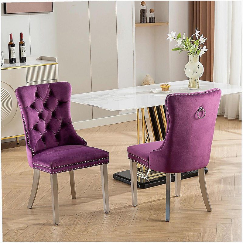 Tufted Solid Wood Contemporary Velvet Upholstered Dining Chair with Chrome Stainless Steel Plating Legs,Nailhead Trim,Set of 2