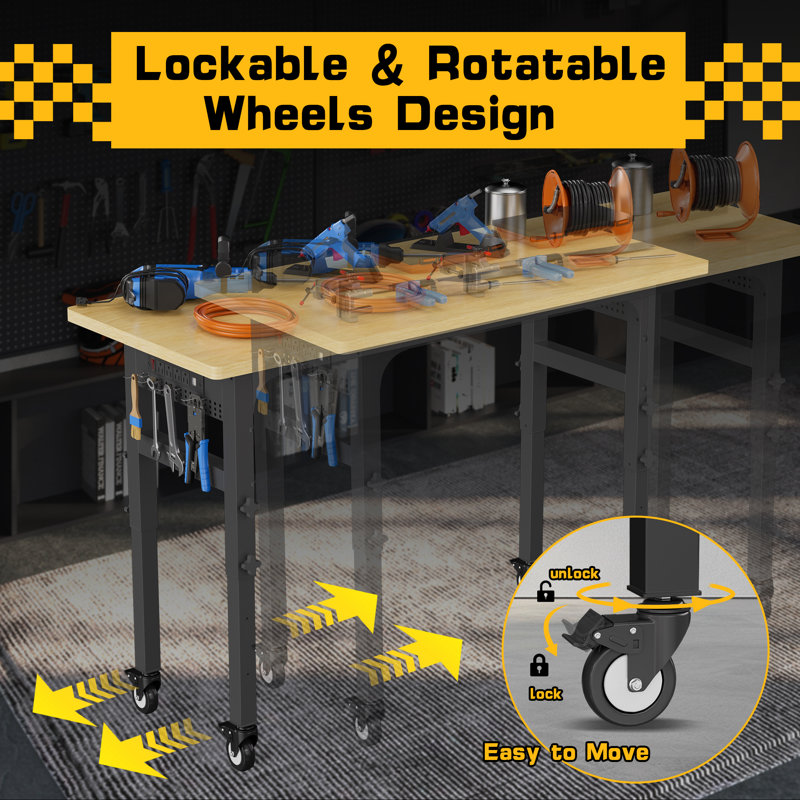 Établi de garage réglable avec prise de courant, capacité de charge de 2 000 lb, banc de travail robuste en bois dur avec panneaux perforés latéraux, banc à outils avec roues et pieds pour le travail du bois, atelier, bureau