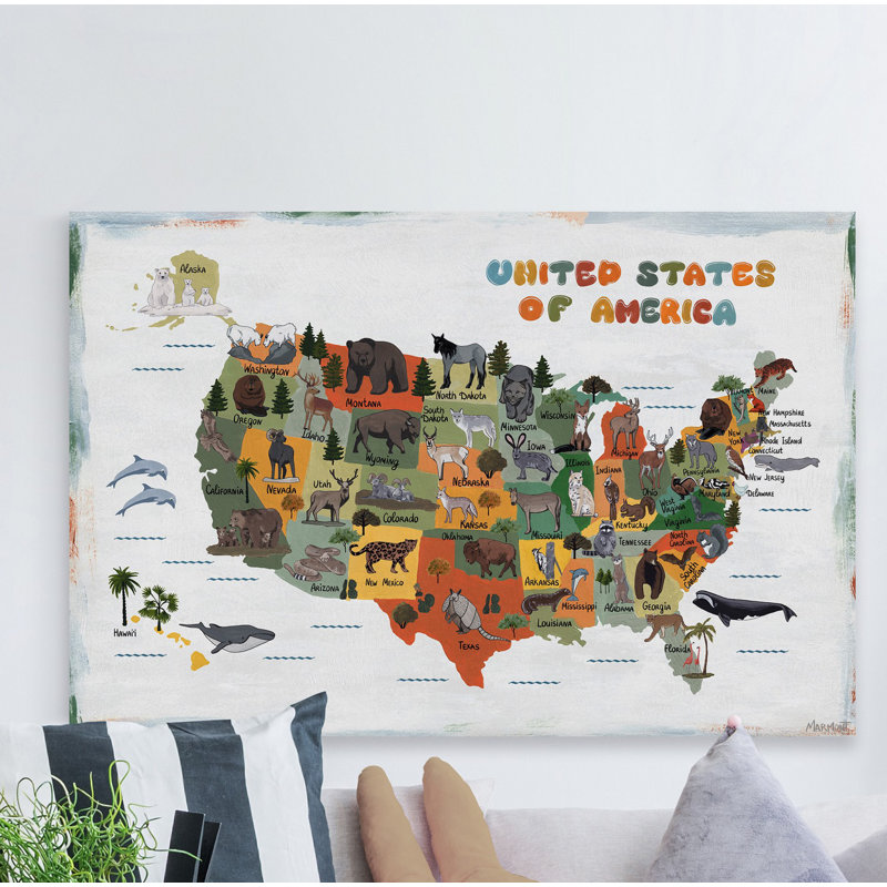 «Lagarde», carte colorée d'animaux des États-Unis sur toile tendue, H 30 po x l 45 po x 1,5 po