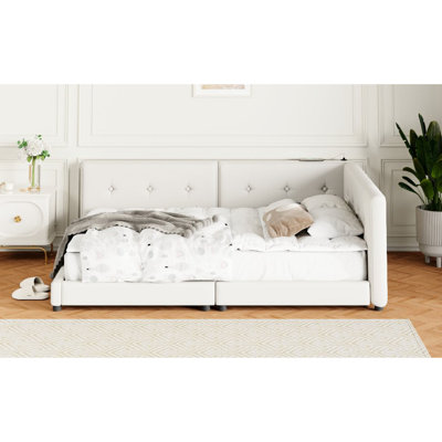 Grand lit tapissier beige - Ports pour gadgets et base avec combinaison de lin et de bois