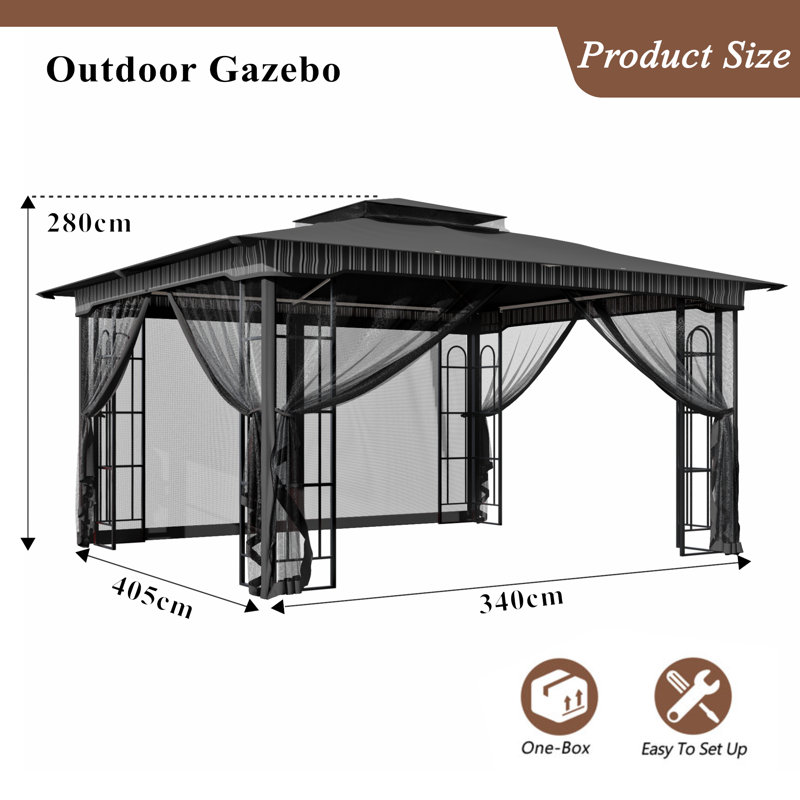 Gazebo de terrasse extérieur en acier de 13 pi de largeur x 11 pi de profondeur avec toit à double ventilation, moustiquaire complète et 4 étagères de rangement d'angle